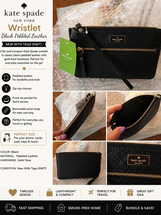 kate spade Handbags - 🖤NWT Kate Spade Black Pebbled Leather Wristlet